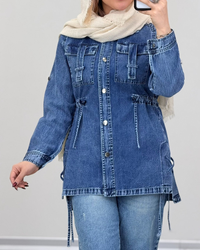 تونیک مانتو جین زنانه ( جین اصلی ) کمر گتر یقه مردونه