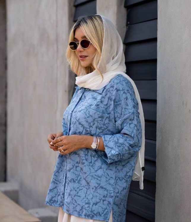 شومیز زنانه باکسی آستین پاکتی یقه مردانه جلودگمه دار