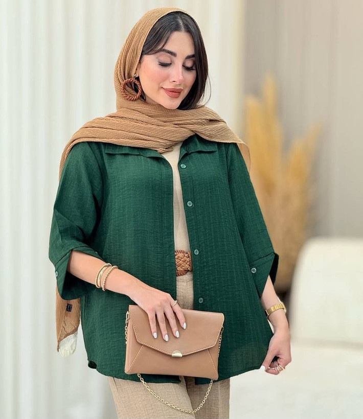 شومیز زنانه یقه مردونه جلودگمه آستین هشتی پاگون دار