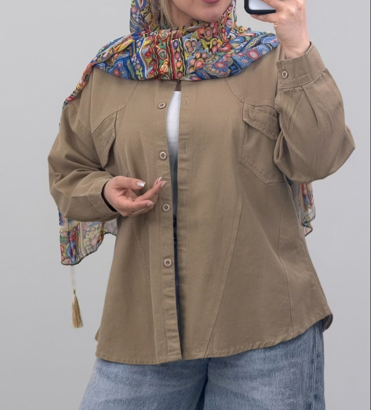 شومیز زنانه کتان یقه مردانه جلودگمه پشت گلدوزی دارای دو جیب کاربردی