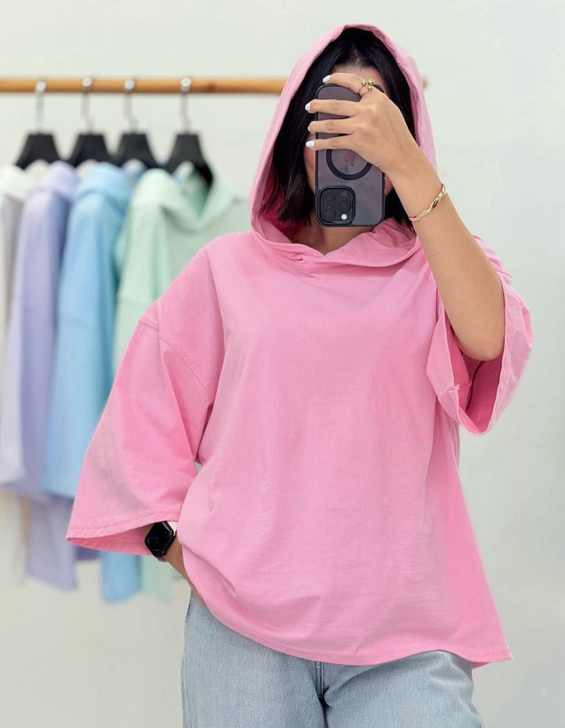 تیشرت باکسی ساده رنگی کلاهدار