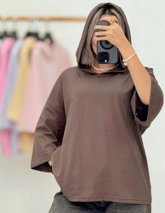 تیشرت باکسی ساده رنگی کلاهدار