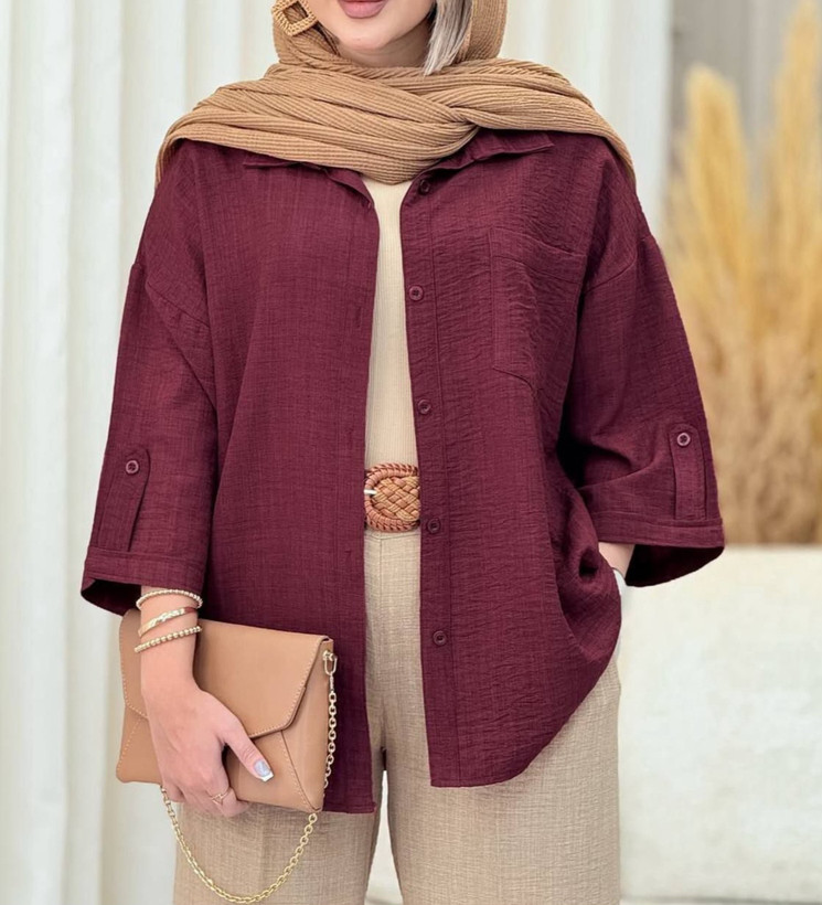 شومیز زنانه باکسی یقه مردونه جلودگمه تک جیب آستین پاگون دار