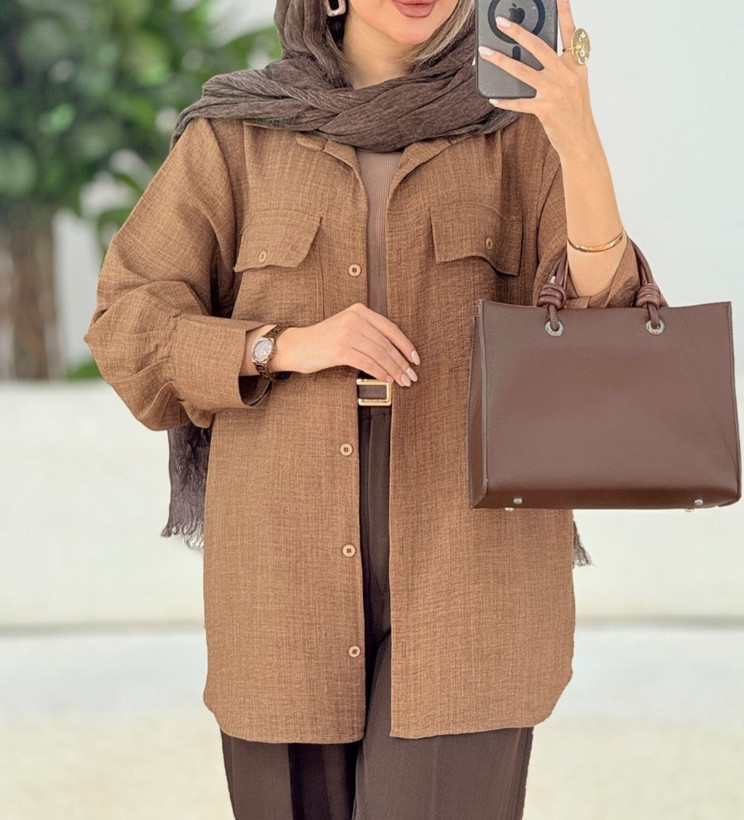 شومیز زنانه یقه مردونه جلودگمه دوجیب پشت دگمه نما آستین پیله دار