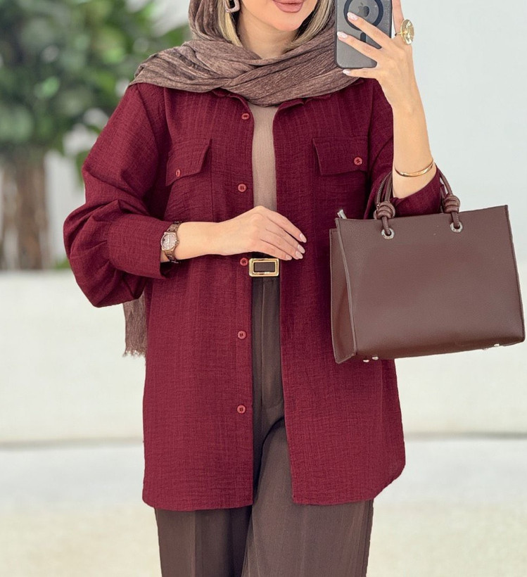 شومیز زنانه یقه مردونه جلودگمه دوجیب پشت دگمه نما آستین پیله دار
