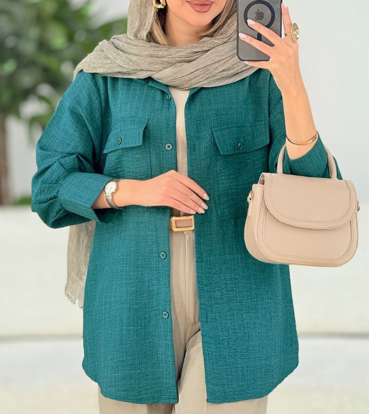 شومیز زنانه یقه مردونه جلودگمه دوجیب پشت دگمه نما آستین پیله دار