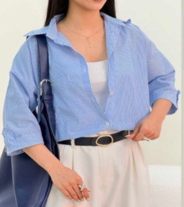 شومیززنانه باکسی یقه مردونه جلودگمه راه راه آبی پاگون دار