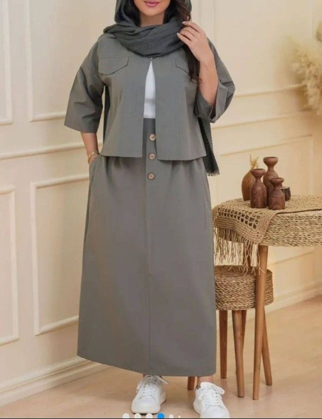 ست کت زنانه باکسی یقه مردونه و دامن کلوش پشت کش