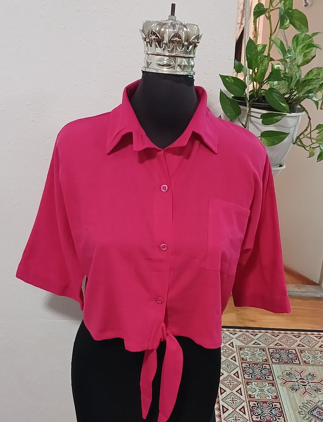 شومیز باکسی زنانه جلو گره ای یقه مردونه جلو دگمه