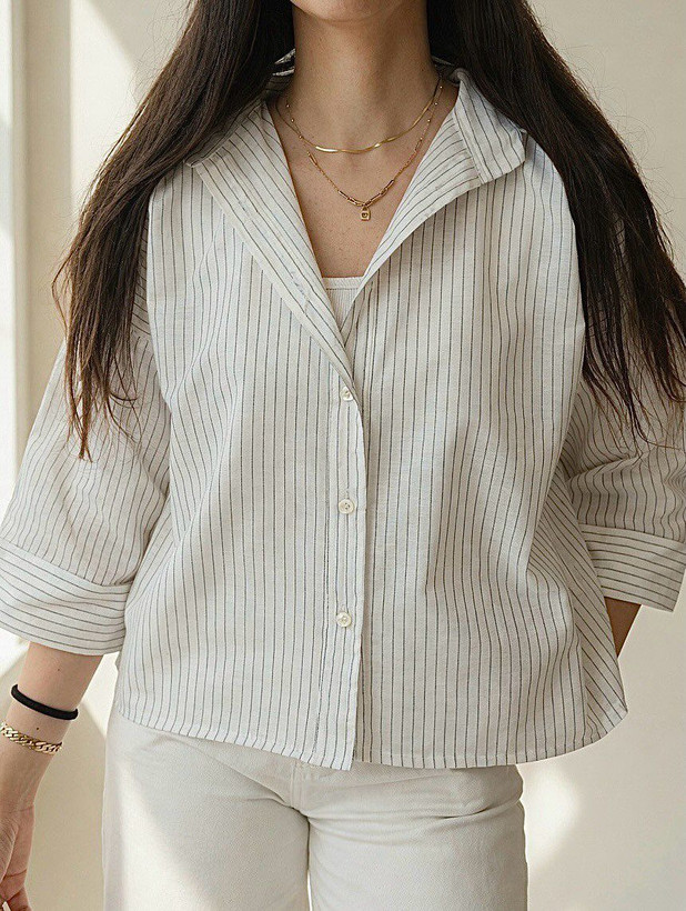 شومیز زنانه باکسی راه راه یقه مردونه جلودگمه آستین پاکتی