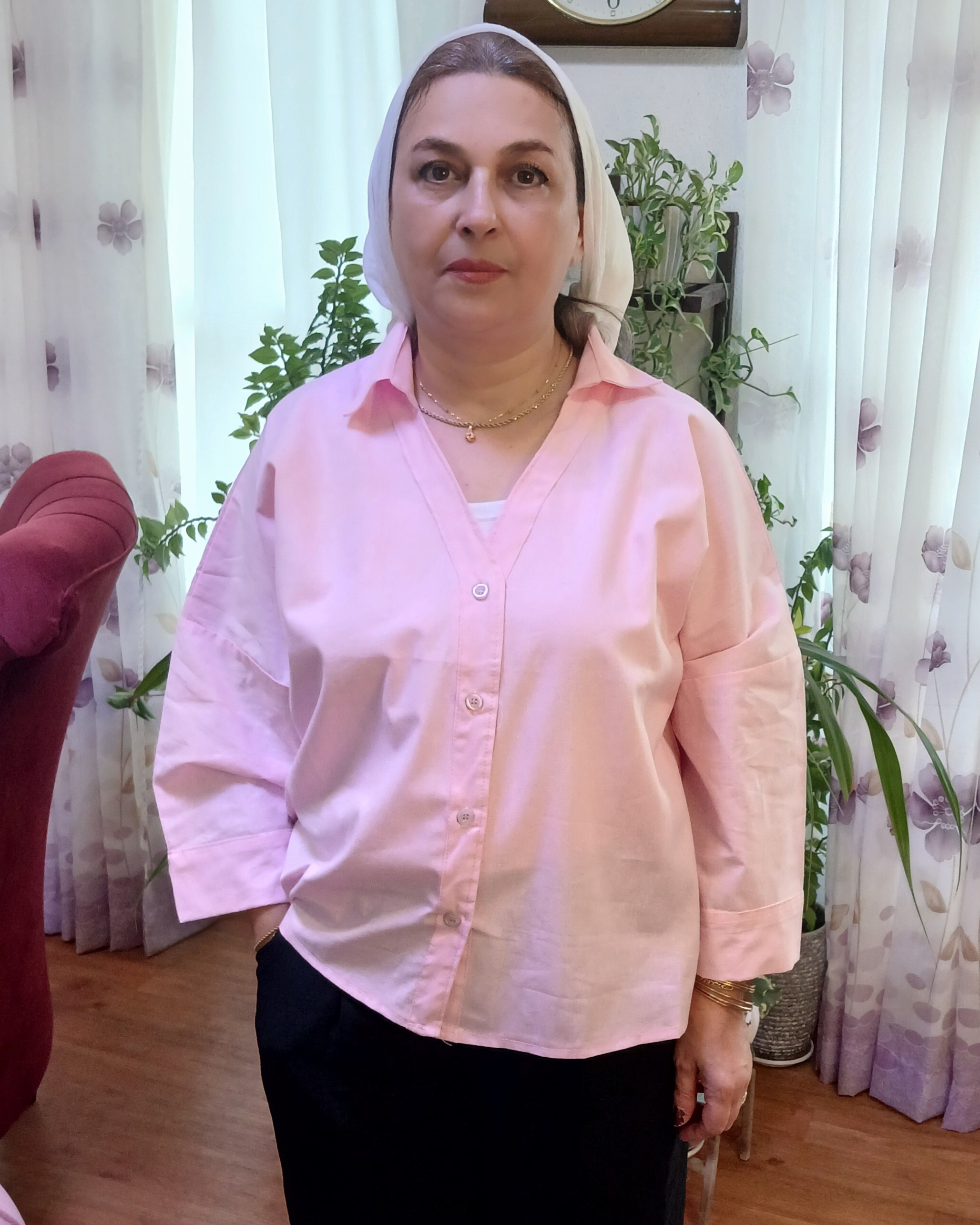 شومیزباکسی زنانه آستین کیمینو یقه مردونه و یقه هفت جلودگمه