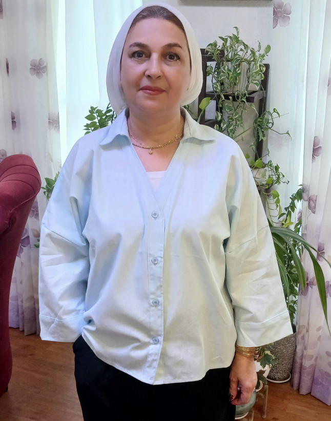 شومیزباکسی زنانه آستین کیمینو یقه مردونه و یقه هفت جلودگمه