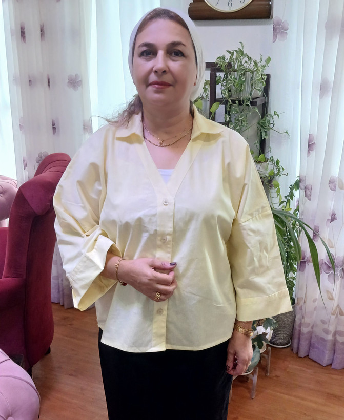 شومیزباکسی زنانه آستین کیمینو یقه مردونه و یقه هفت جلودگمه