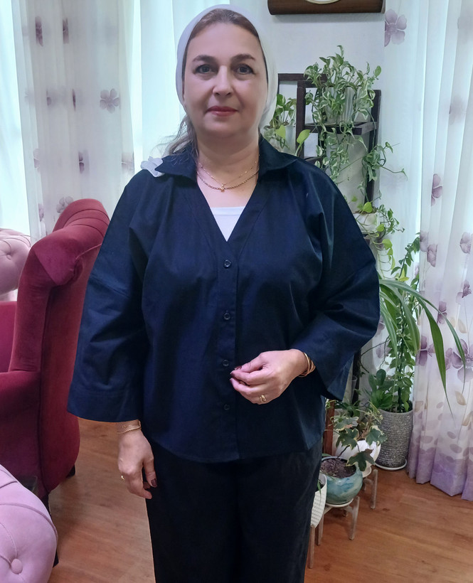 شومیزباکسی زنانه آستین کیمینو یقه مردونه و یقه هفت جلودگمه