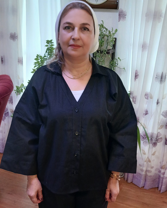 شومیزباکسی زنانه آستین کیمینو یقه مردونه و یقه هفت جلودگمه